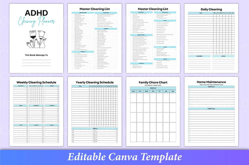 ADHD Printable Planner room by room cleaning checklist pages