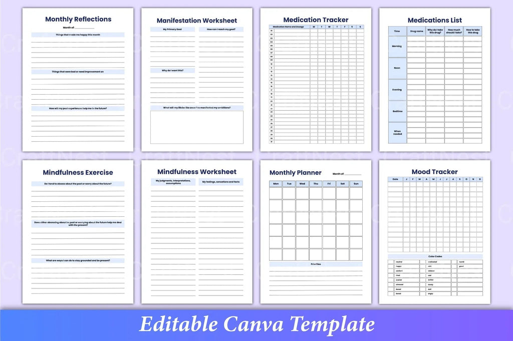 ADHD and mental health printable planner with mindfulness and self-reflection worksheets