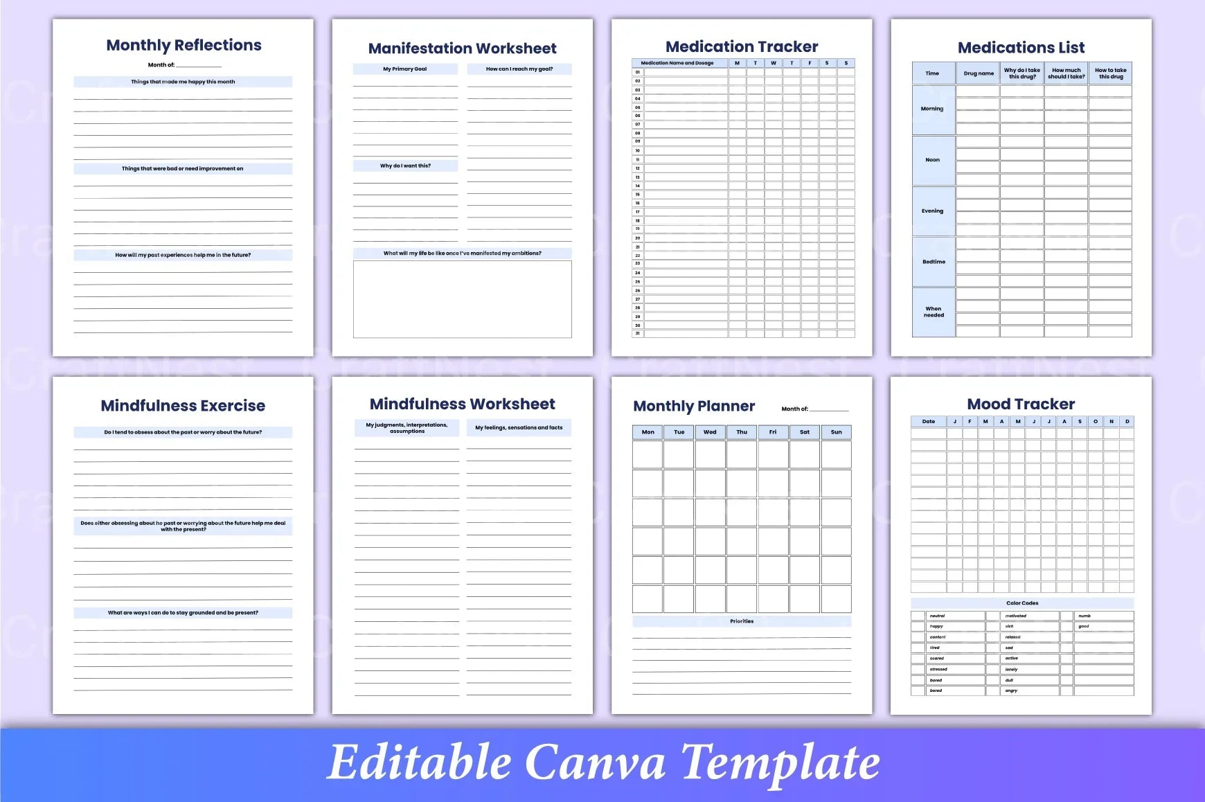 ADHD and mental health printable planner with mindfulness and self-reflection worksheets