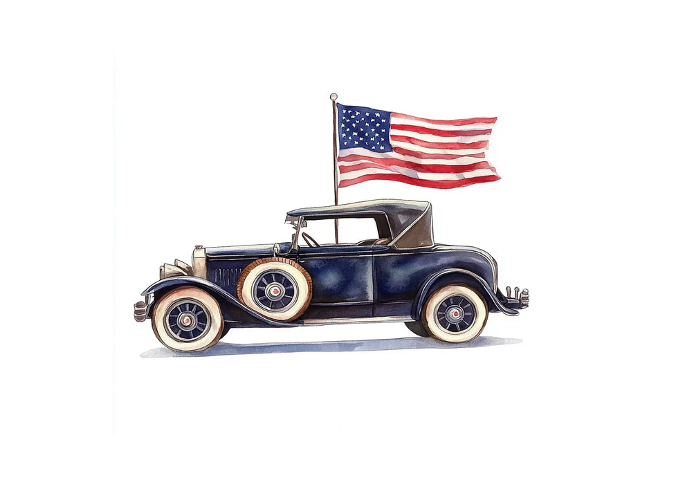 Antique watercolor car with USA flag graphic digital product.