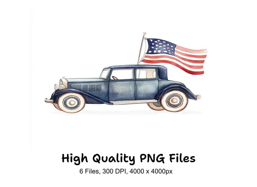 Blue vintage car with USA flag sublimation digital product.