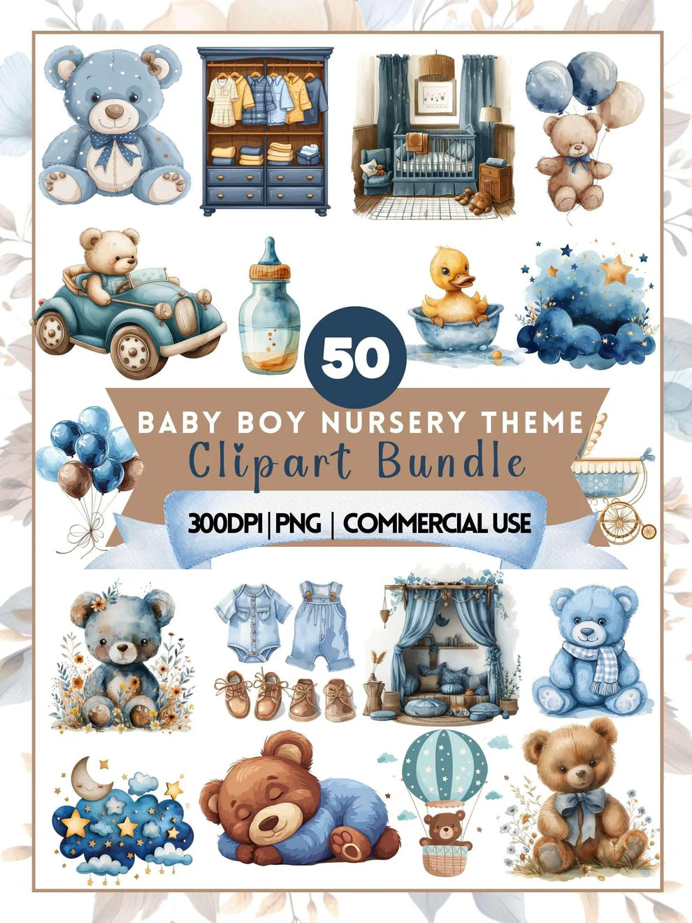 Blue Boy Baby Shower Floral Clipart