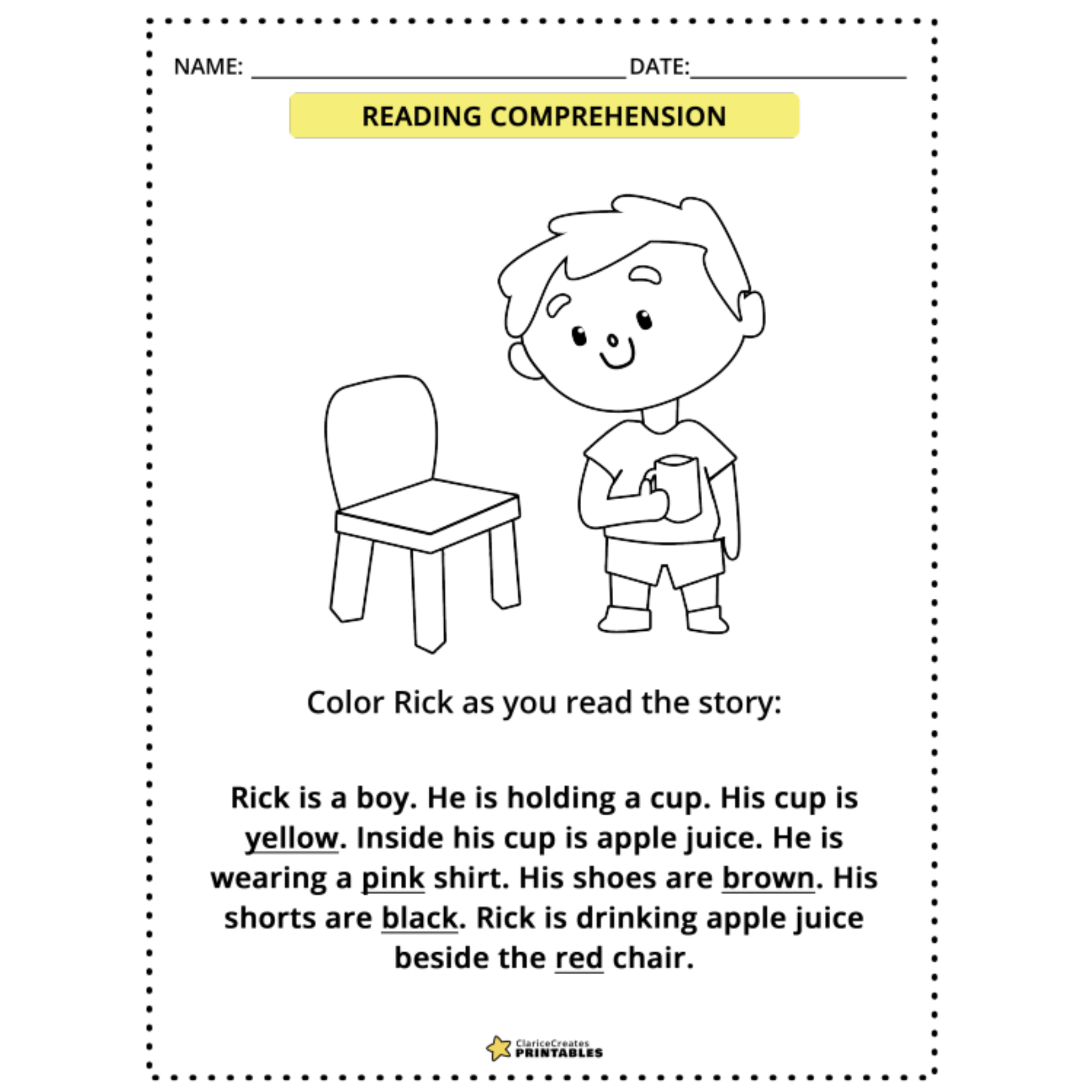 Color and Gender Reading Comprehension Worksheets