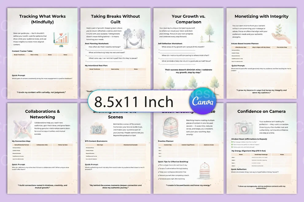 Canva strategy and mindset worksheets in a digital product bundle.