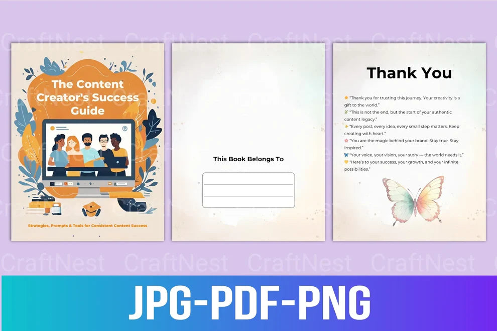 Cover design and interior pages of a digital product content creator guide.