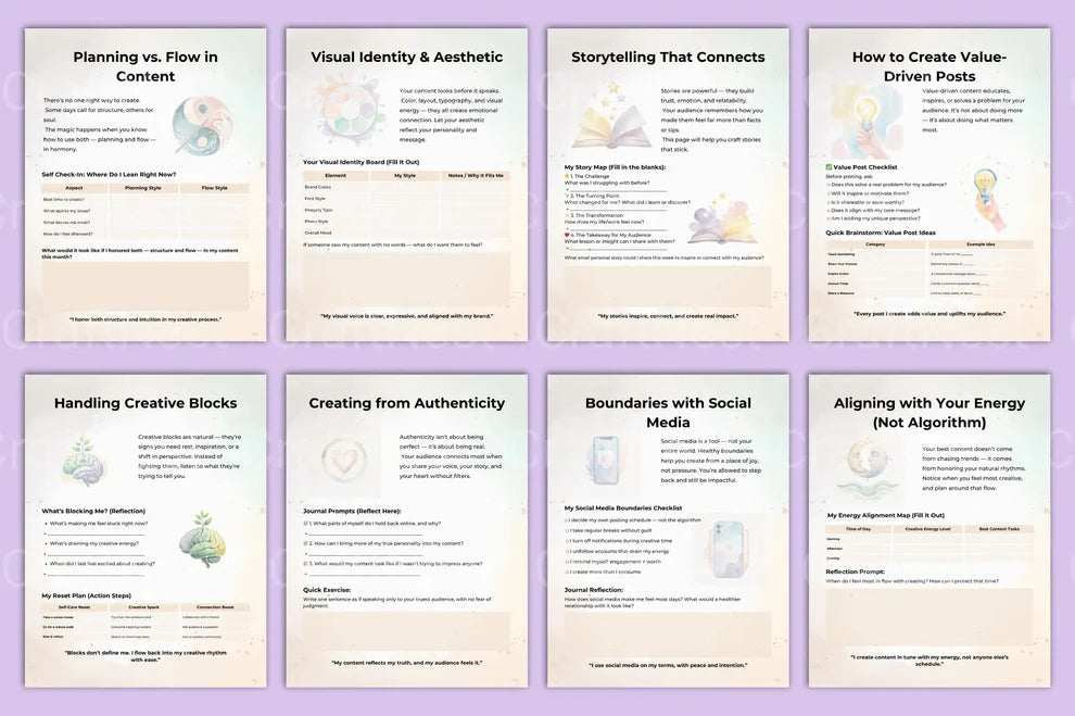 Social media planning and mindset worksheets in a digital product guide.