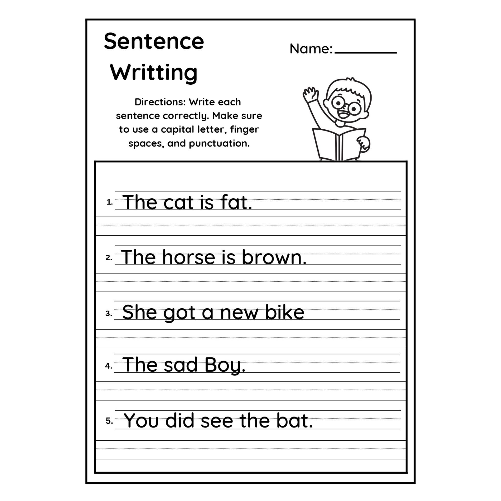 Sentence Writing Punctuation Practice Worksheets