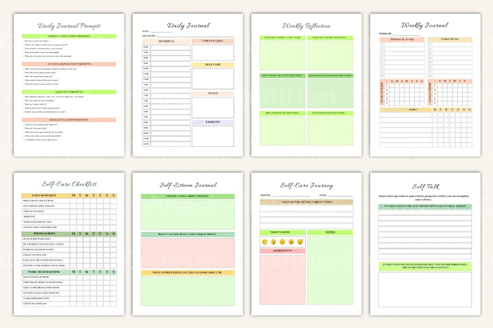 Daily and weekly self-care routine journal digital product pages.