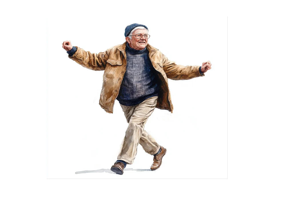 Cheerful old man dancing watercolor digital product graphic.
