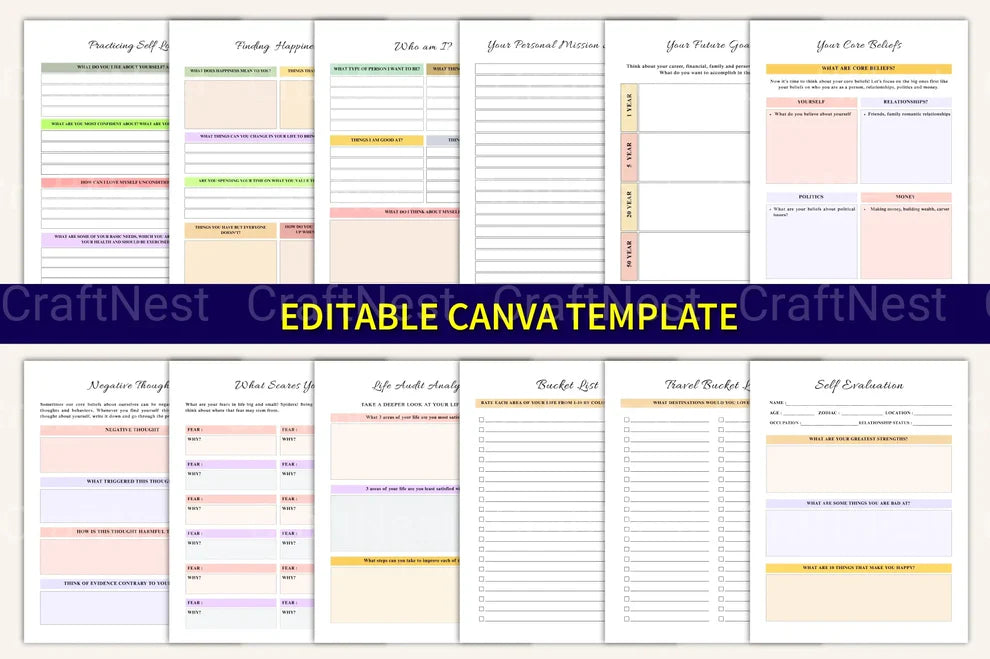 Editable Canva template self-discovery journal digital product.