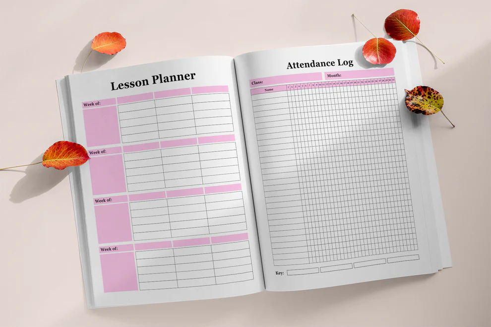 Lesson planner and attendance log pages in a school digital product.