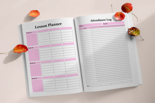 Lesson planner and attendance log pages in a school digital product.