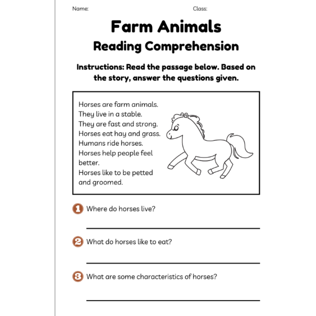 Farm Animals Reading Comprehension Worksheets