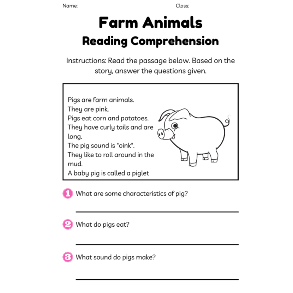 Farm Animals Reading Comprehension Worksheets
