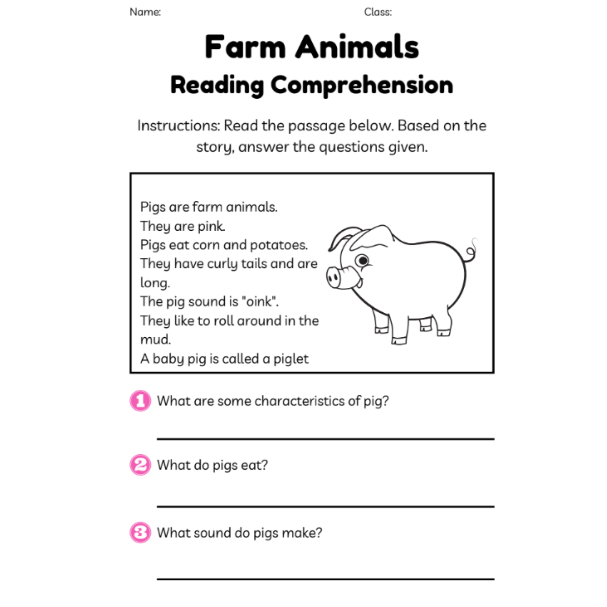Farm Animals Reading Comprehension Worksheets