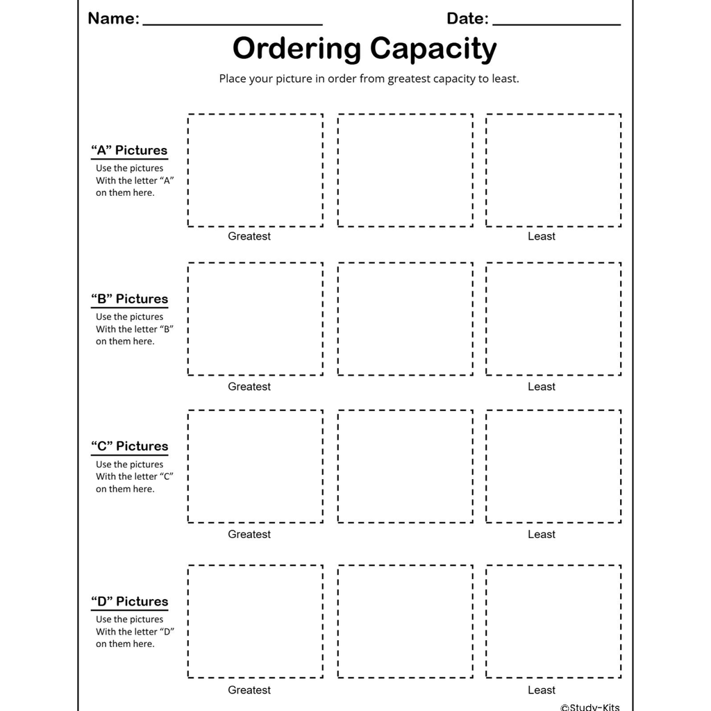 Measurement Capacity Sorting Worksheets