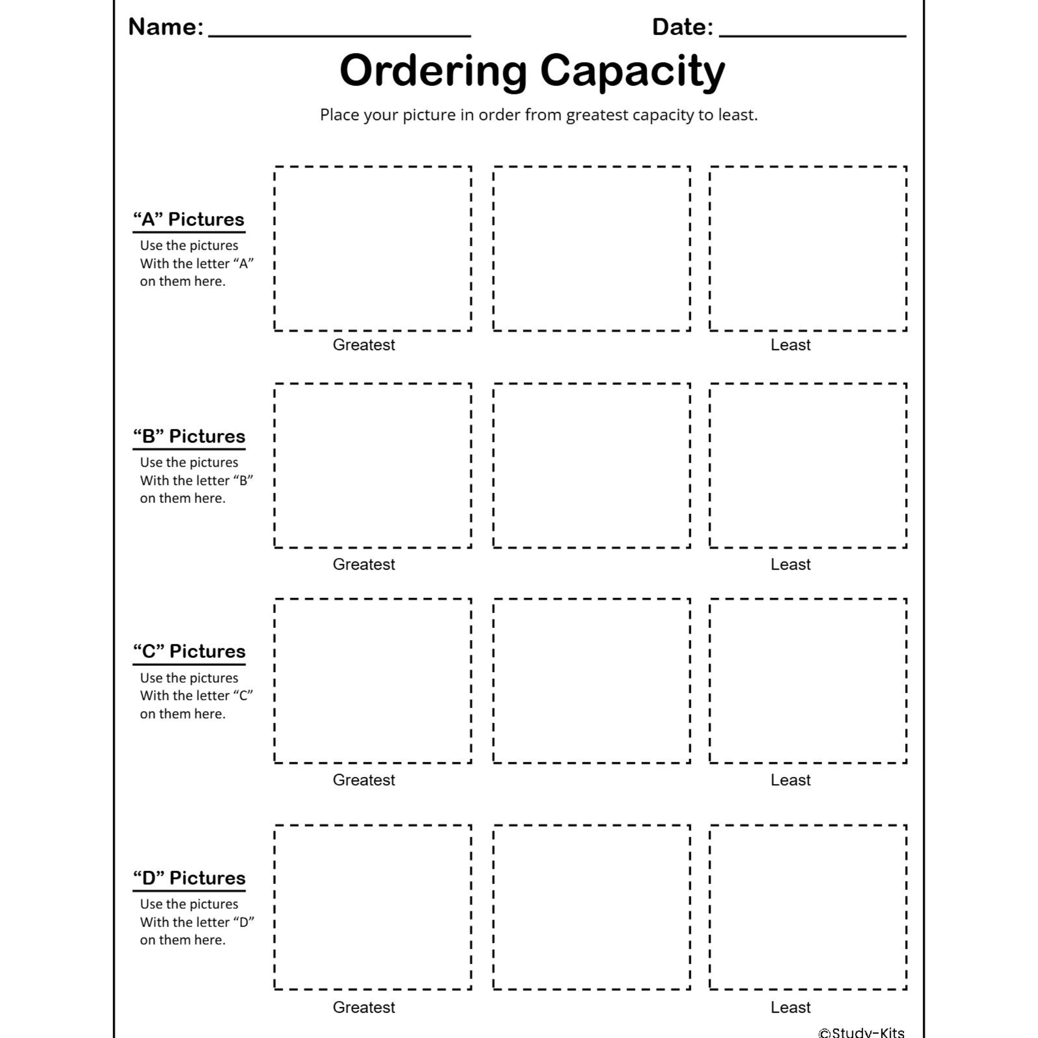 Measurement Capacity Sorting Worksheets