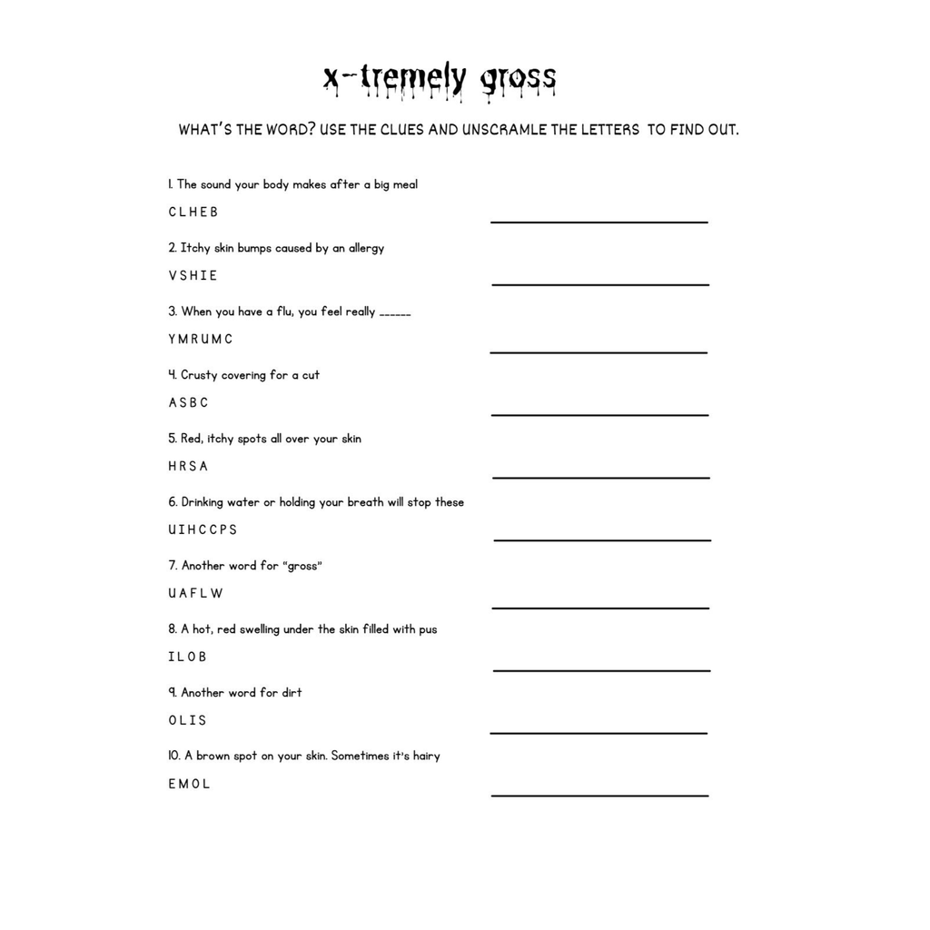 Gross Facts Human Body Unscramble Worksheets