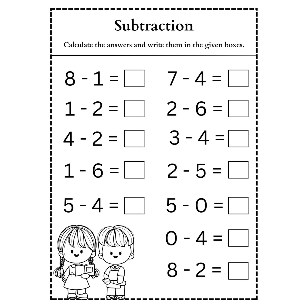 Subtraction Worksheet with Answer Boxes