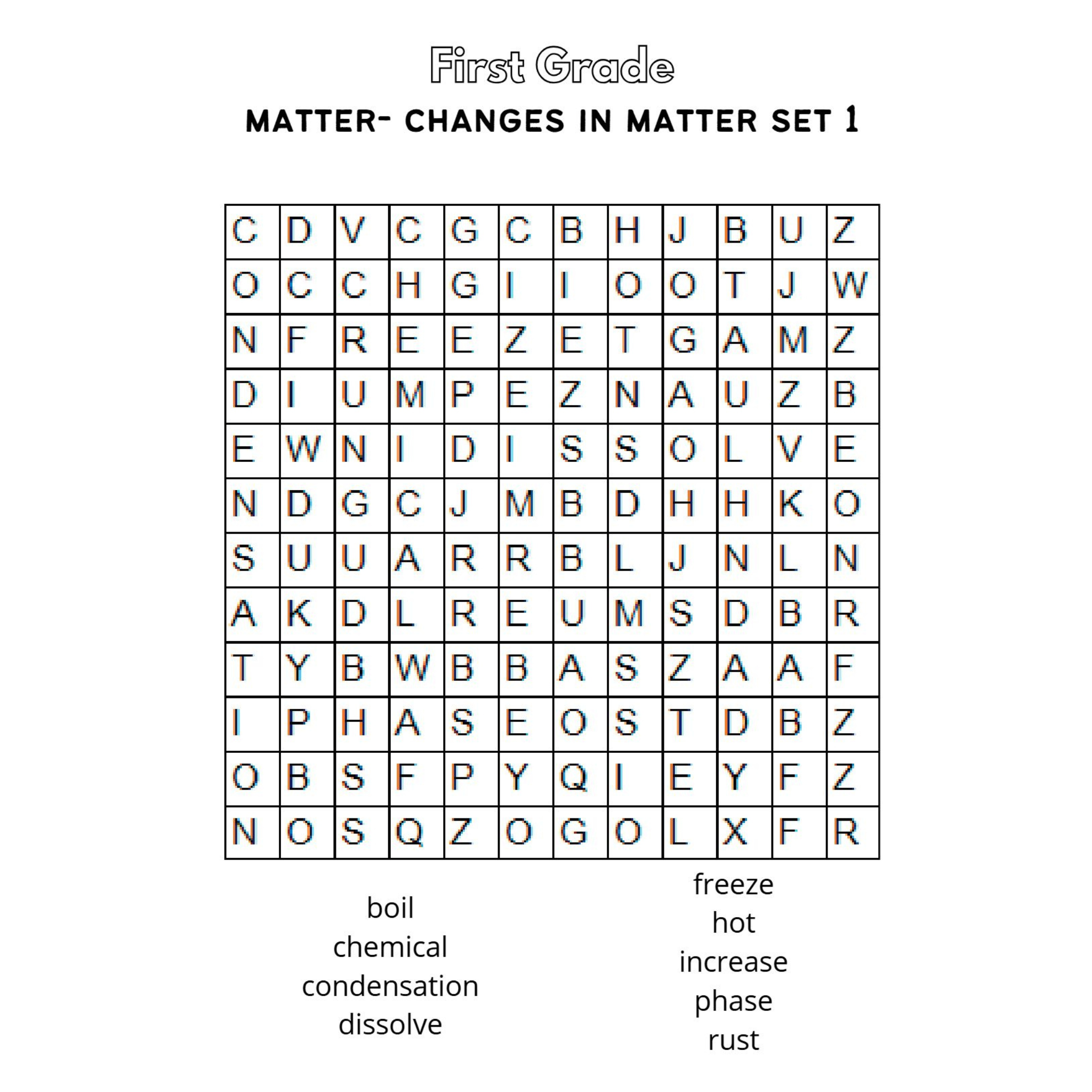 Matter Word Search Worksheets
