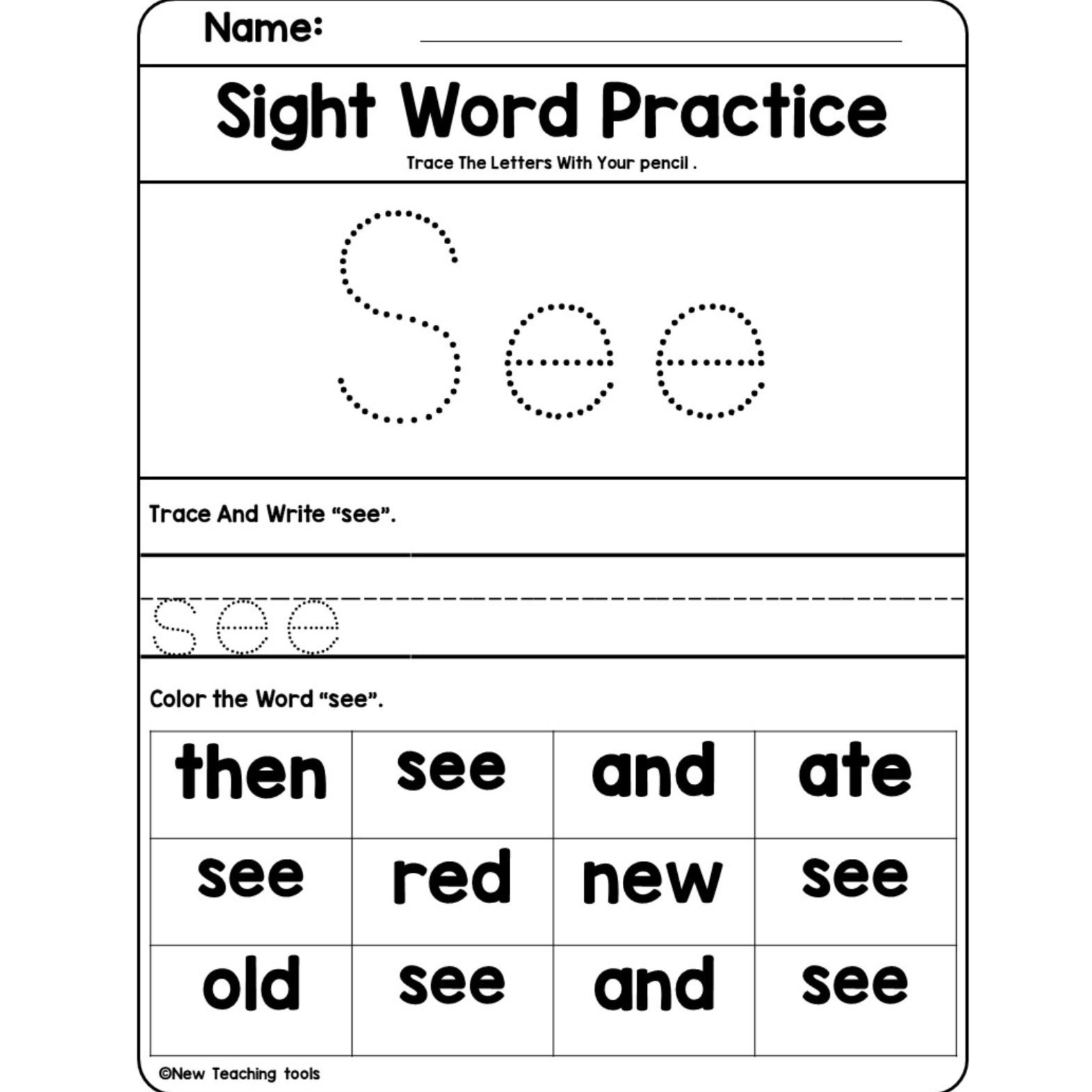 Pre Kindergarten Dolch Sight Word Practice