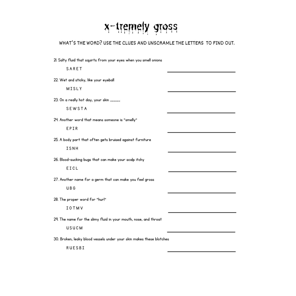 Gross Facts Human Body Unscramble Worksheets