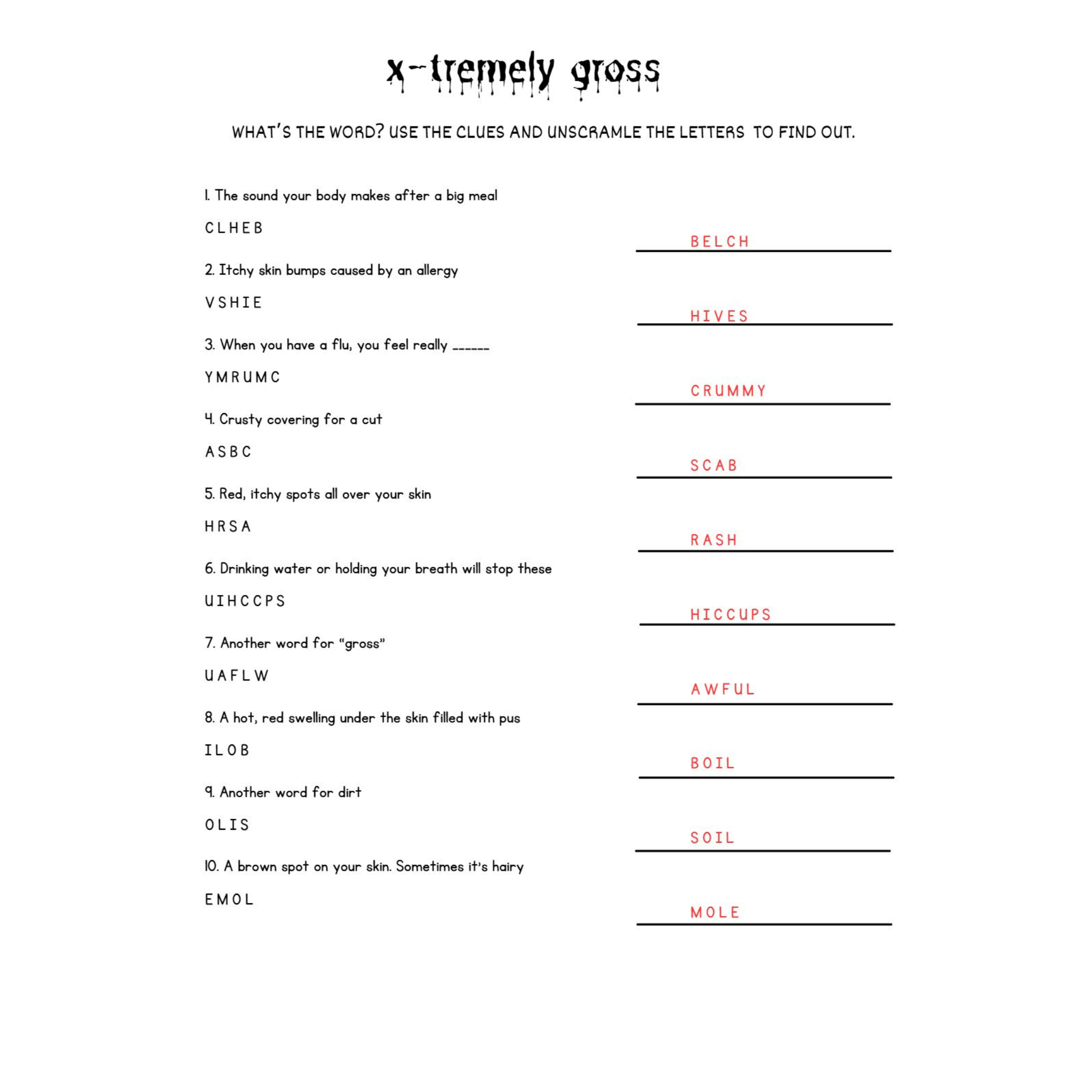 Gross Facts Human Body Unscramble Worksheets
