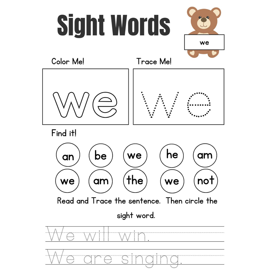 Learn Sight Words Tracing Worksheets