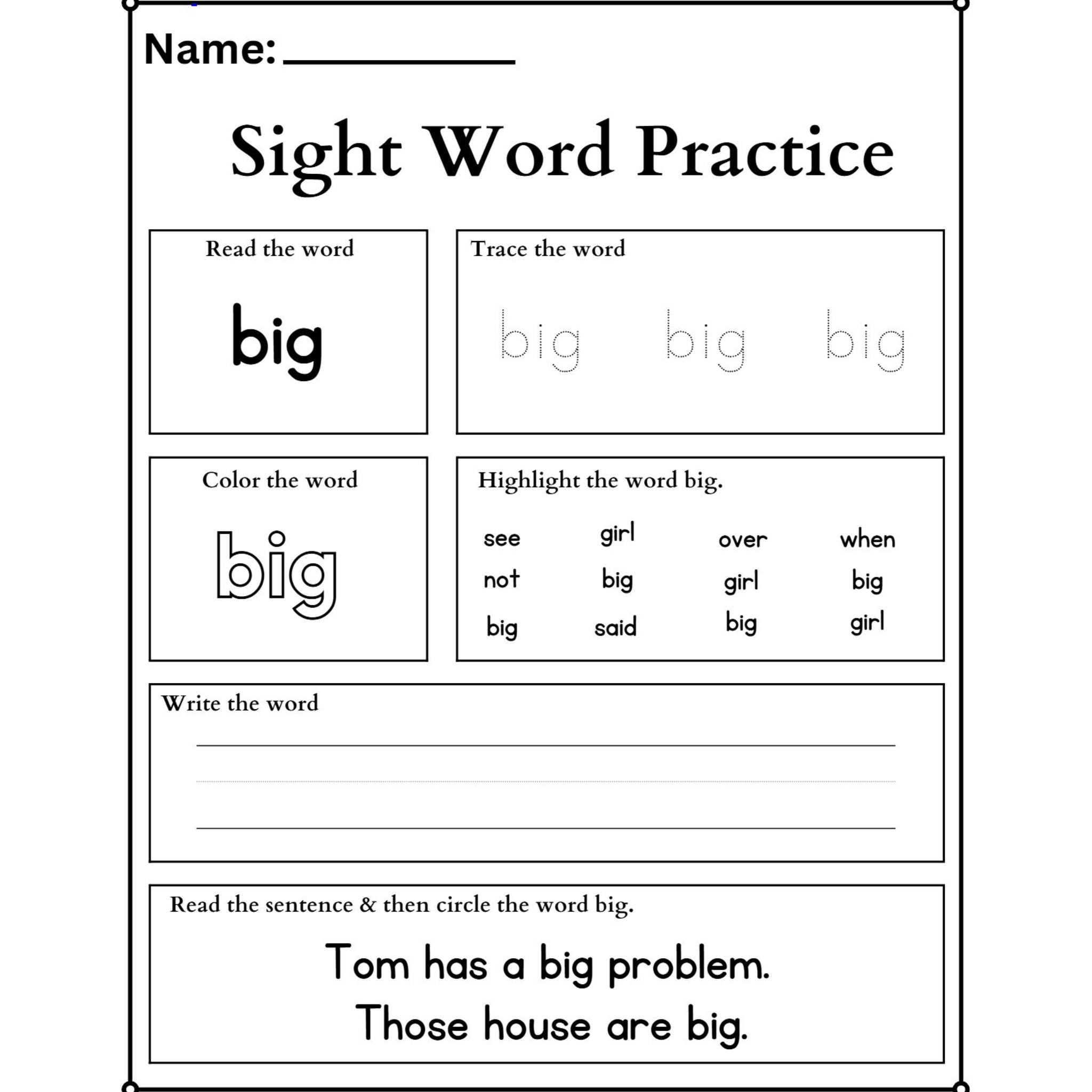 Sight Word Practice Tracing Worksheets