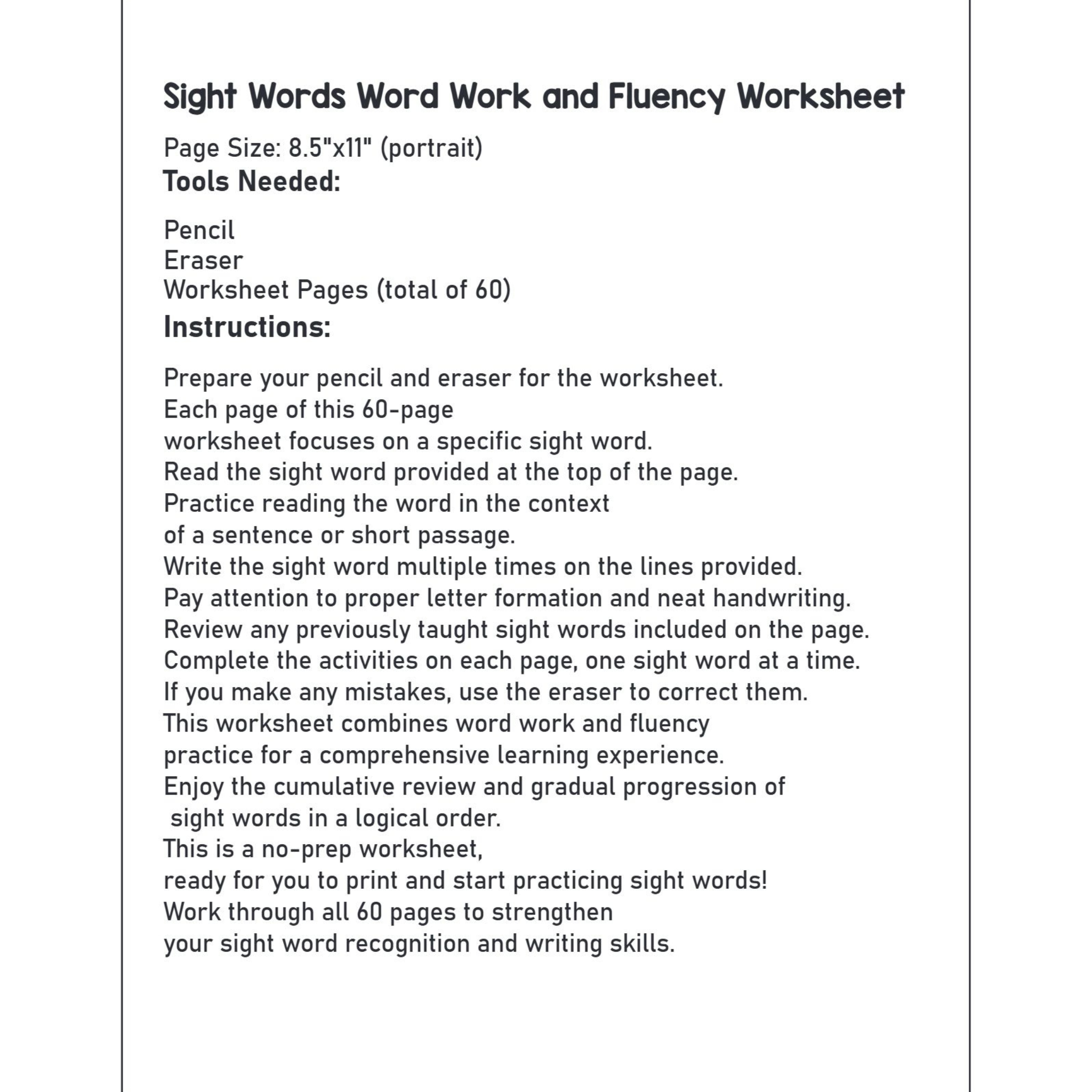 Science of Reading Sight Words Fluency Worksheets