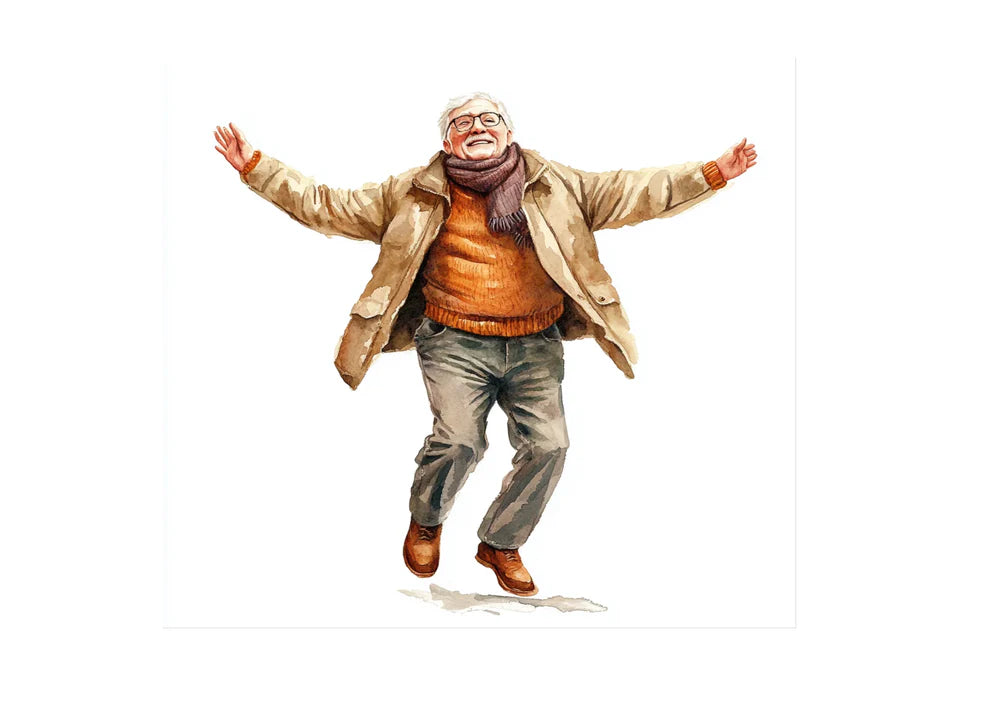 Happy senior man dancing watercolor clipart digital product.