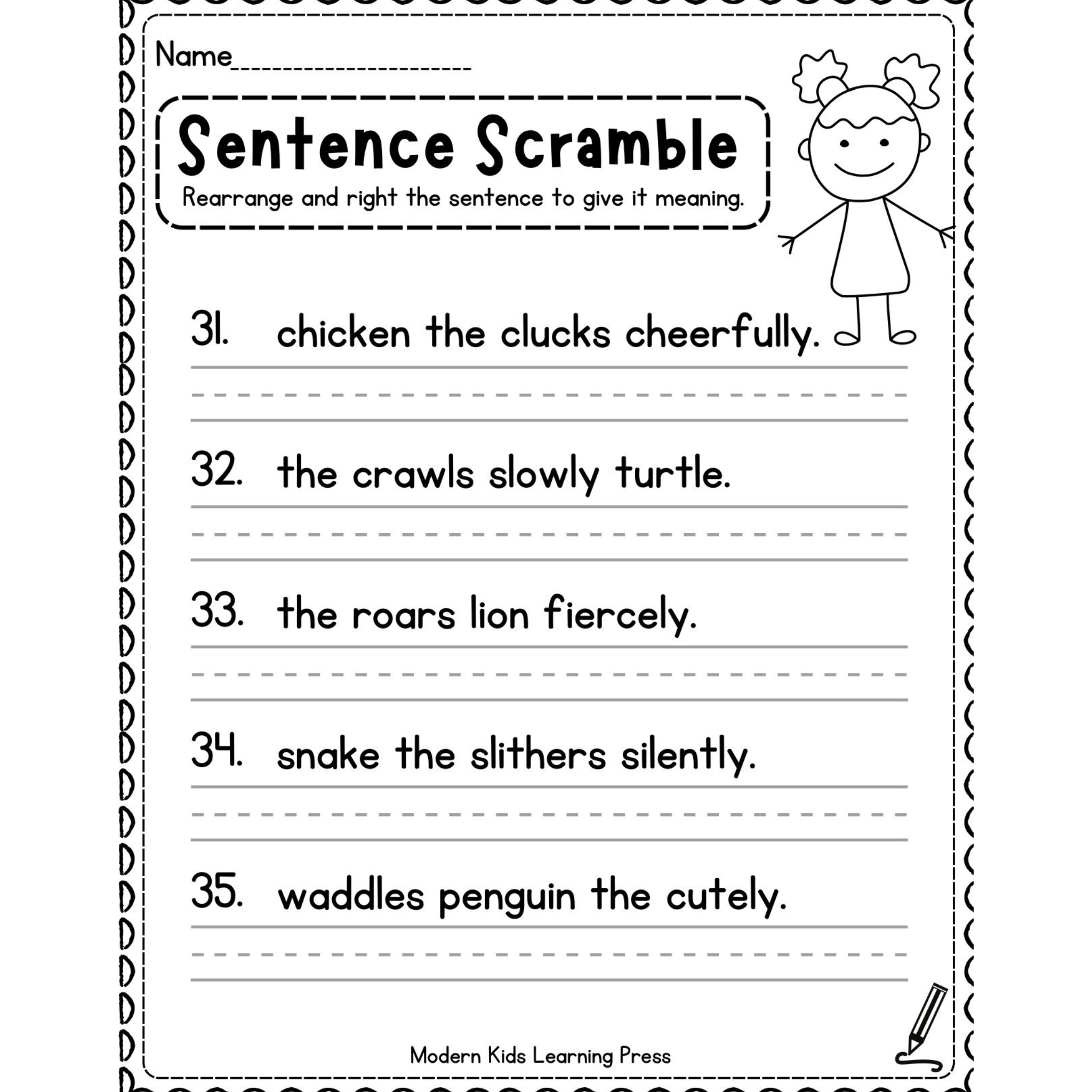 Kindergarten Sentence Scramble Worksheets