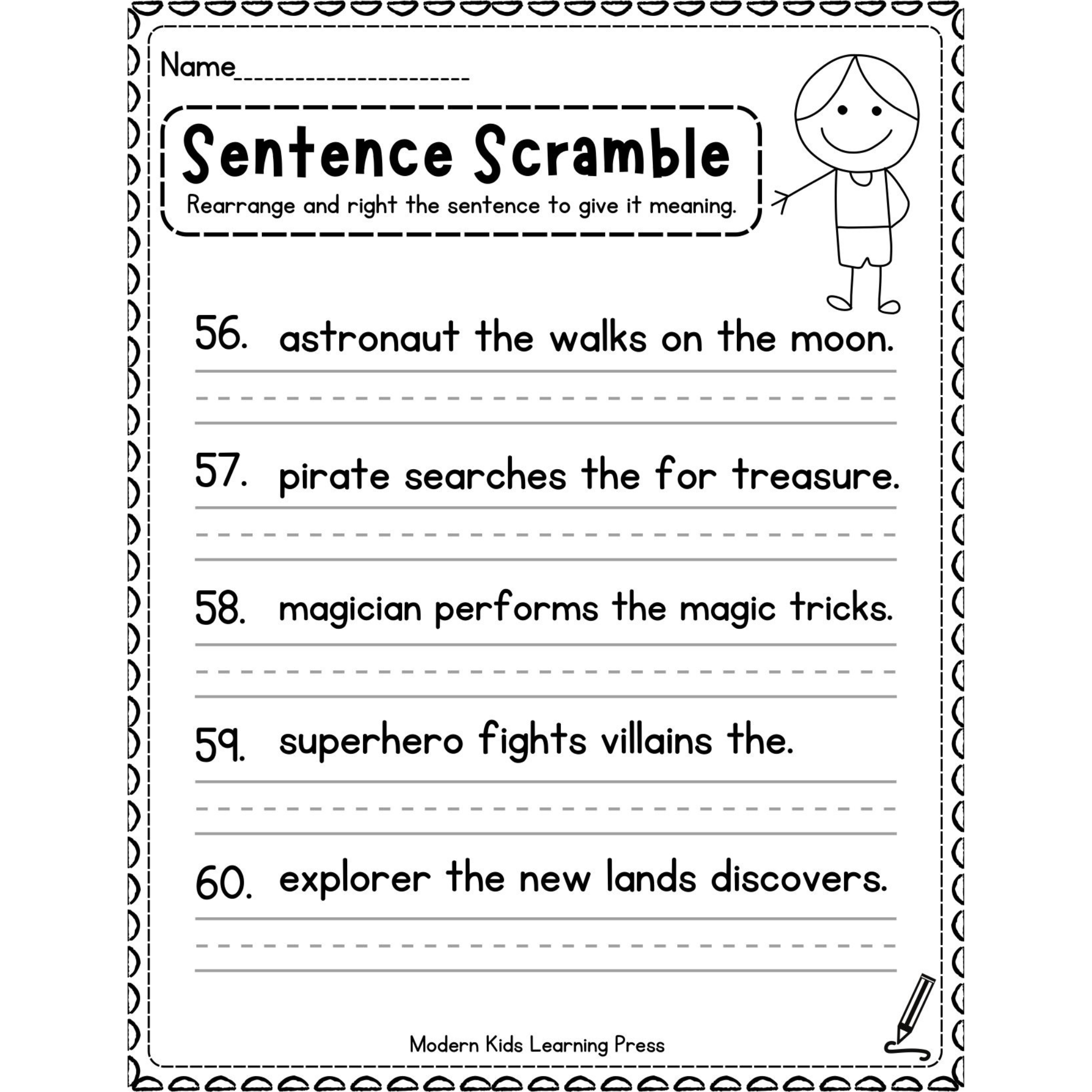 Kindergarten Sentence Scramble Worksheets