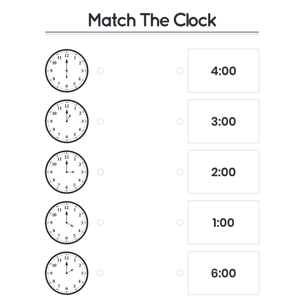 Match the Clock Time Worksheets for Kindergarten
