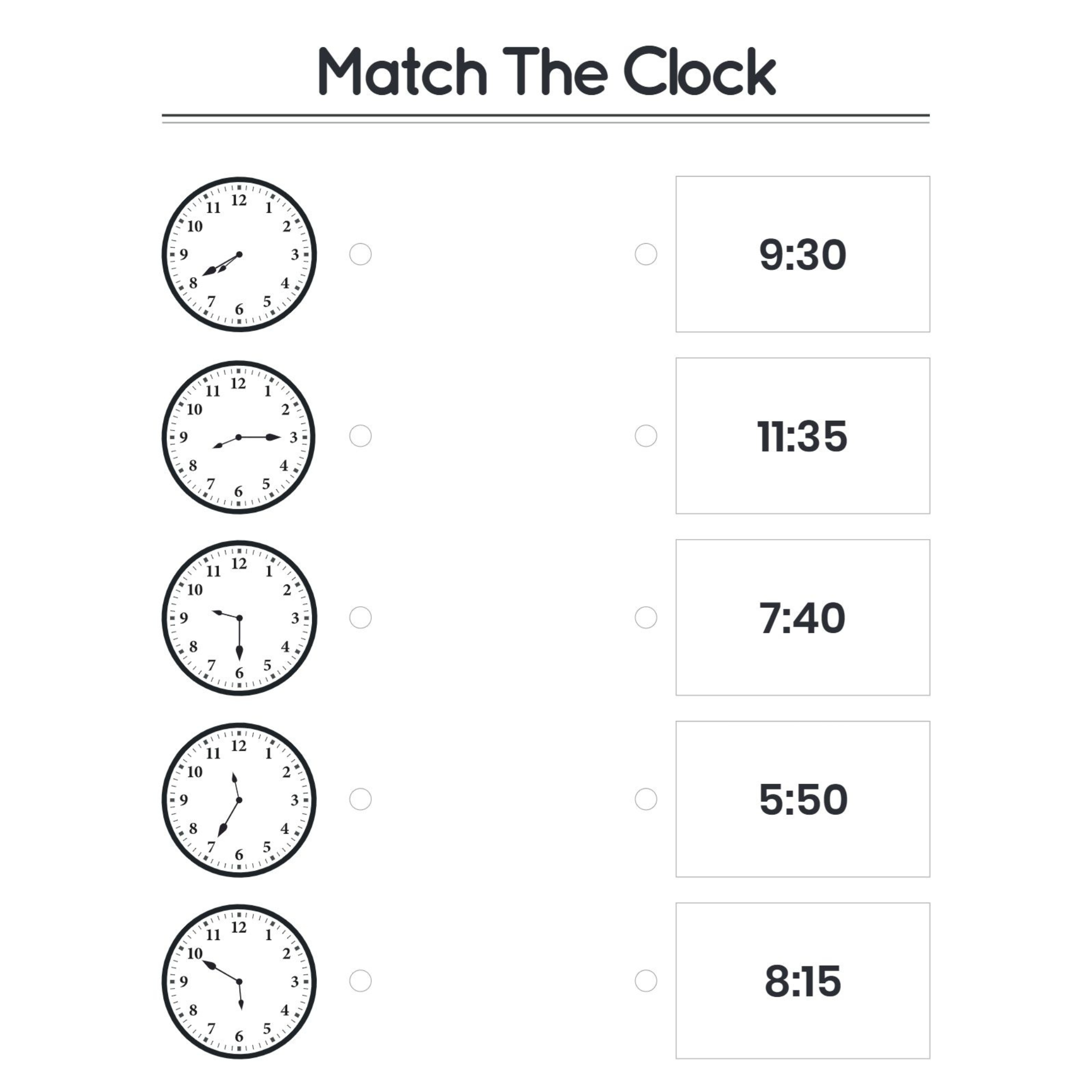 Match the Clock Time Worksheets for Kindergarten