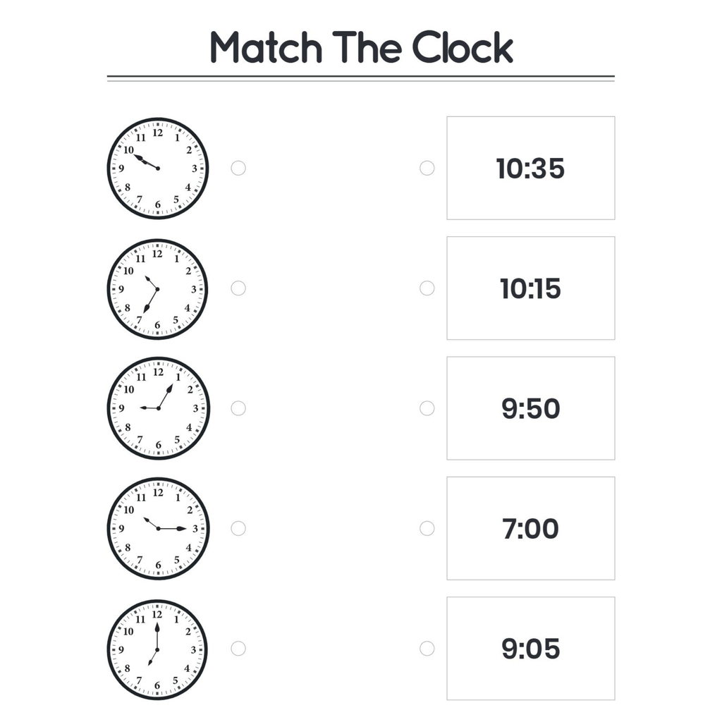 Match the Clock Time Worksheets for Kindergarten