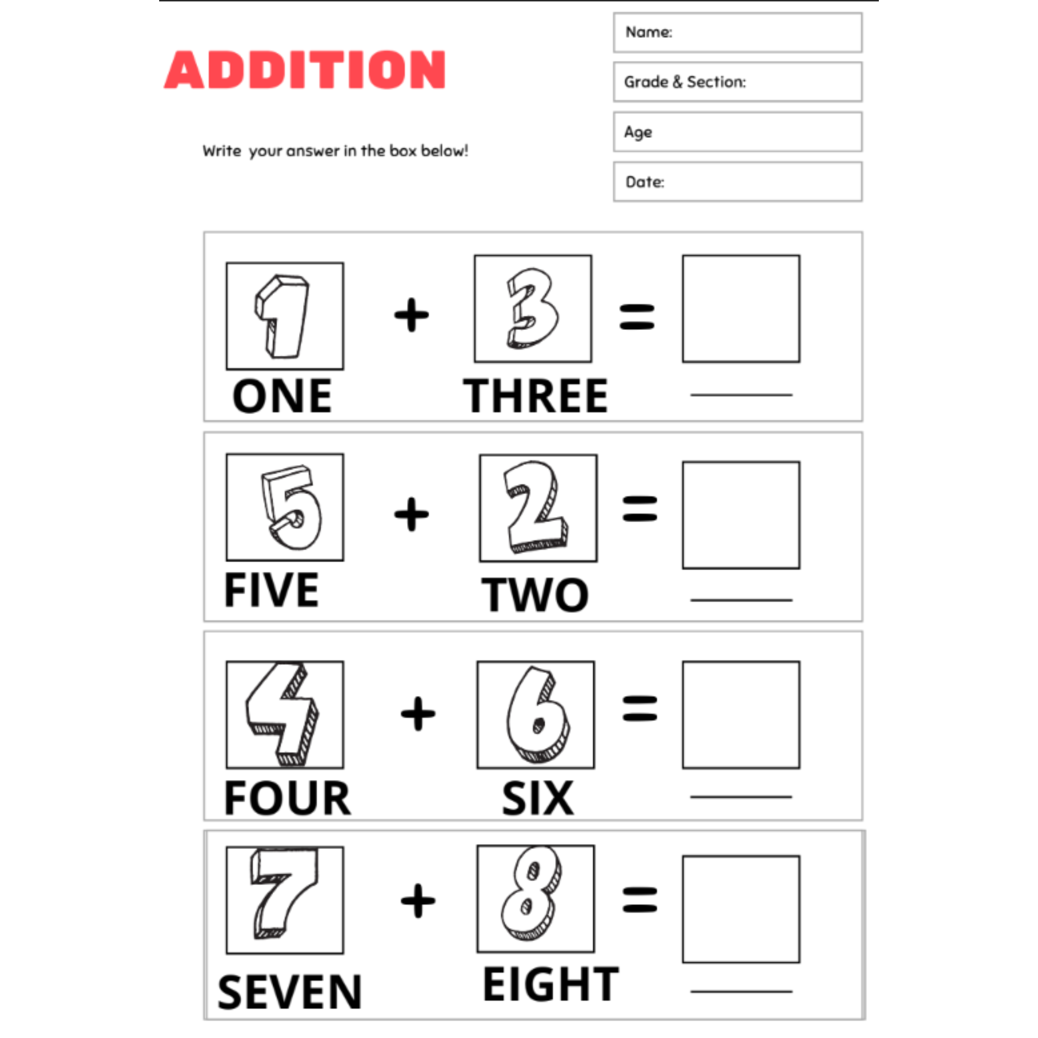 Math Spelling Addition Subtraction Worksheets