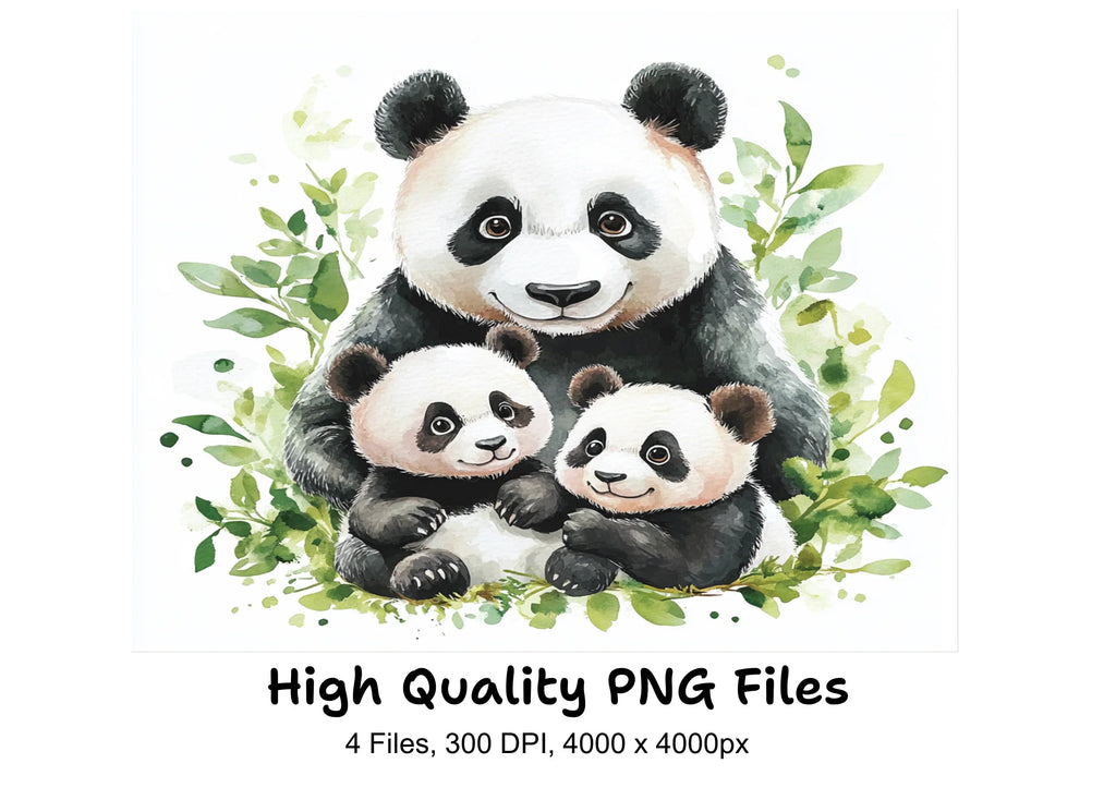Panda Family with Green Leaves Clipart Bundle