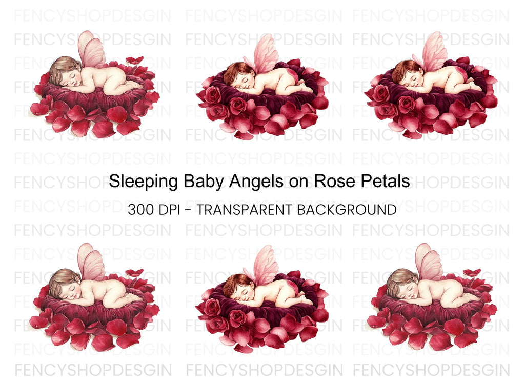 Sleeping Baby Angels on Rose Petals Clipart Bundle