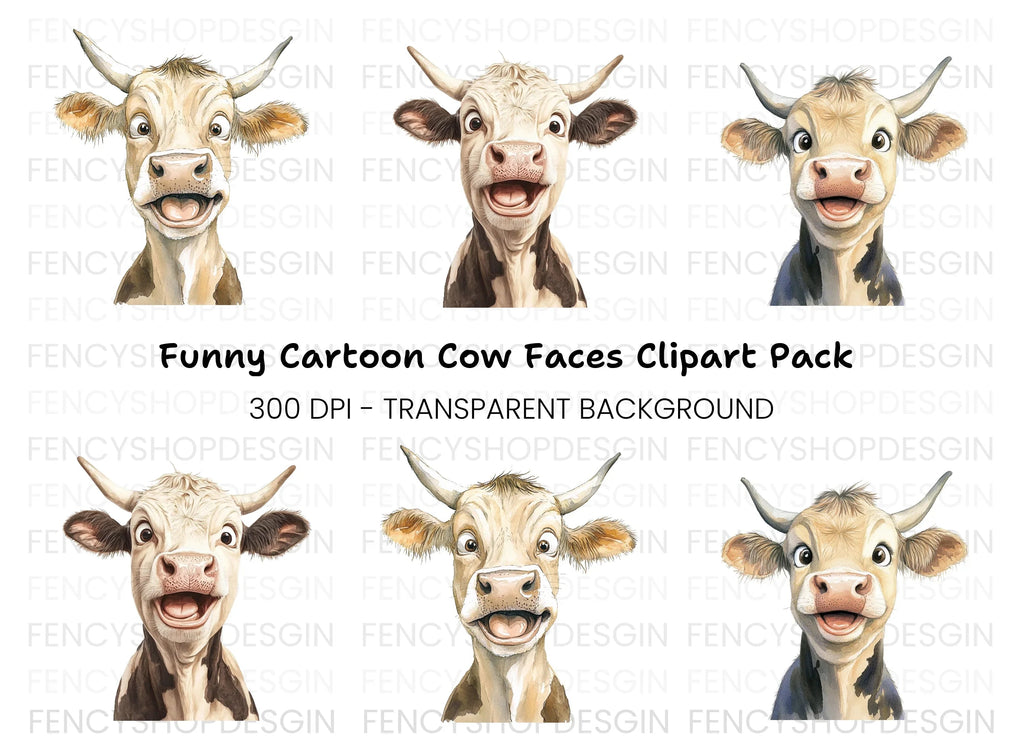 Funny Cartoon Cow Faces Clipart Bundle