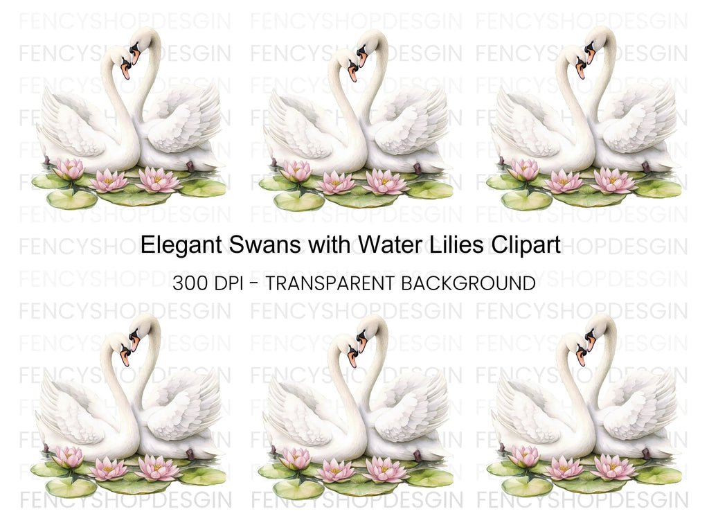 Romantic Swans with Water Lilies Clipart Bundle