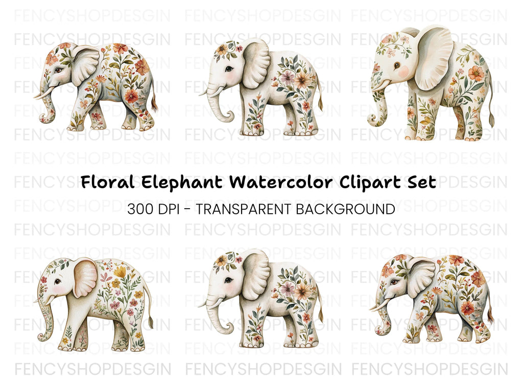 Floral Elephant Clipart Bundle