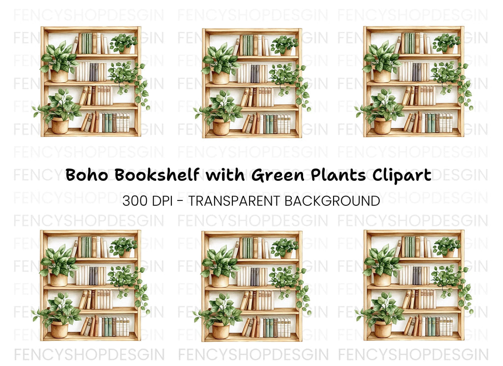 Wooden Bookshelf with Plants Clipart Bundle