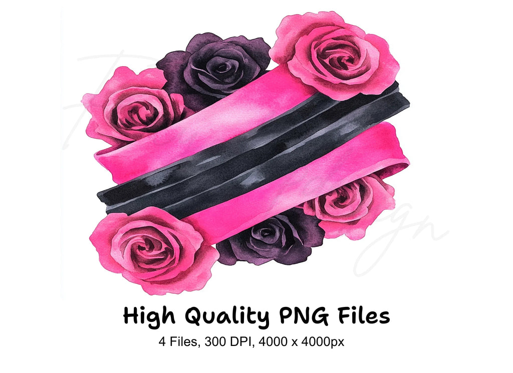Pink and Black Rose Ribbon Clipart Bundle