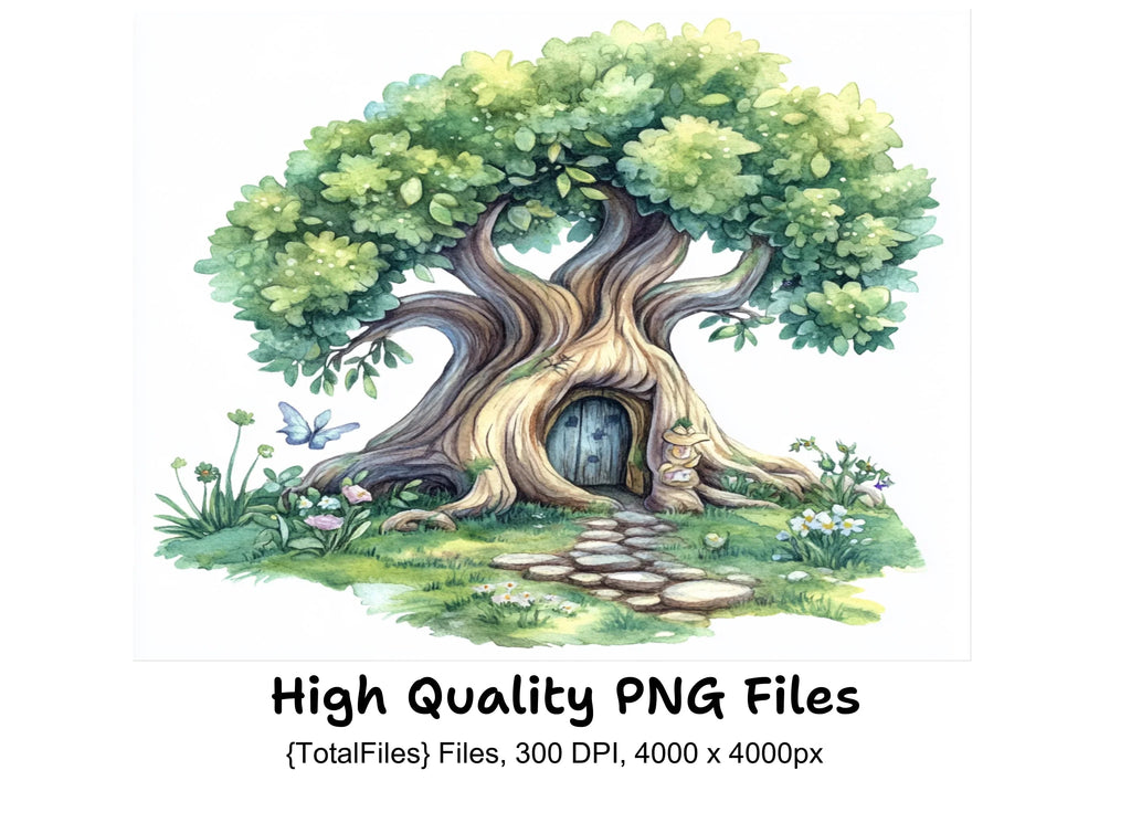 Whimsical Fairy House Tree Clipart Bundle