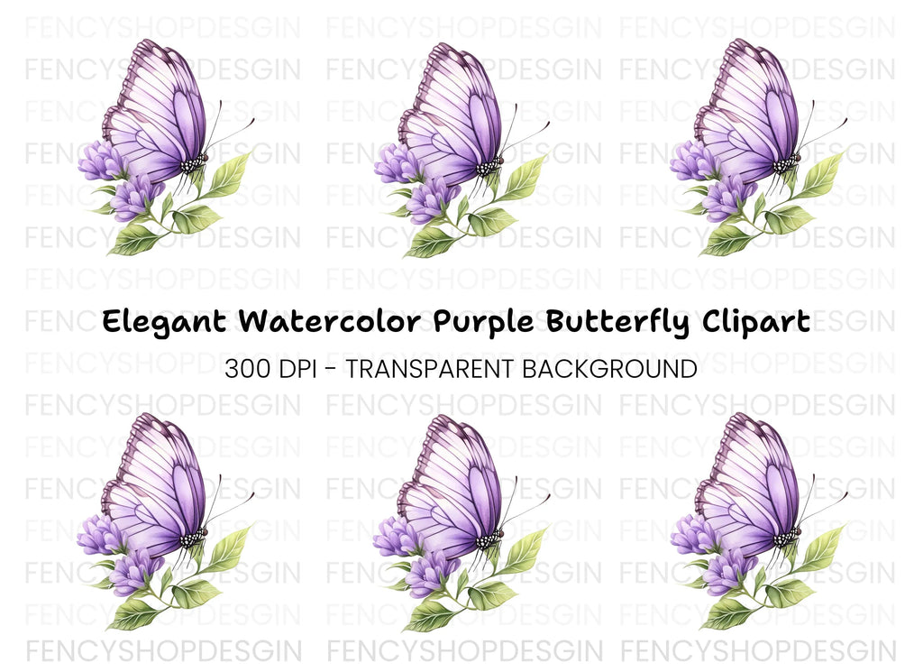 Purple Butterfly and Flowers Clipart Bundle