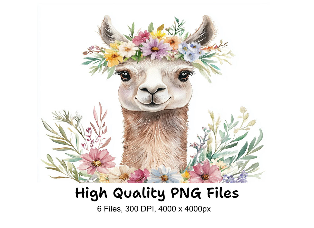 Charming Llama Portraits with Flower Crowns Clipart Bundle