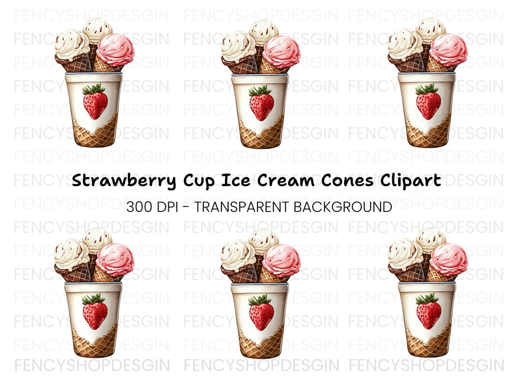 Strawberry Cup Ice Cream Cones Clipart Bundle