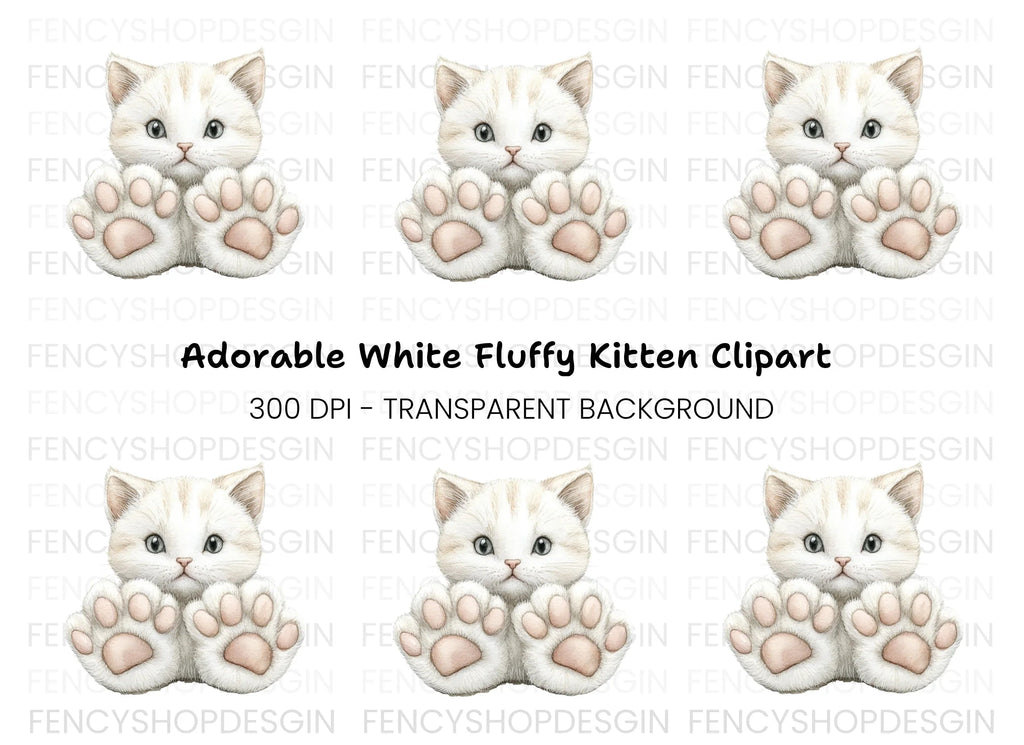 Adorable White Kitten with Big Paws Clipart Bundle