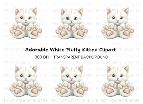 Adorable White Kitten with Big Paws Clipart Bundle